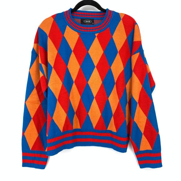 Cider Pullover Crew Neck Diamond Print Sweater Womens Size M Orange Red Blue - Picture 1 of 5